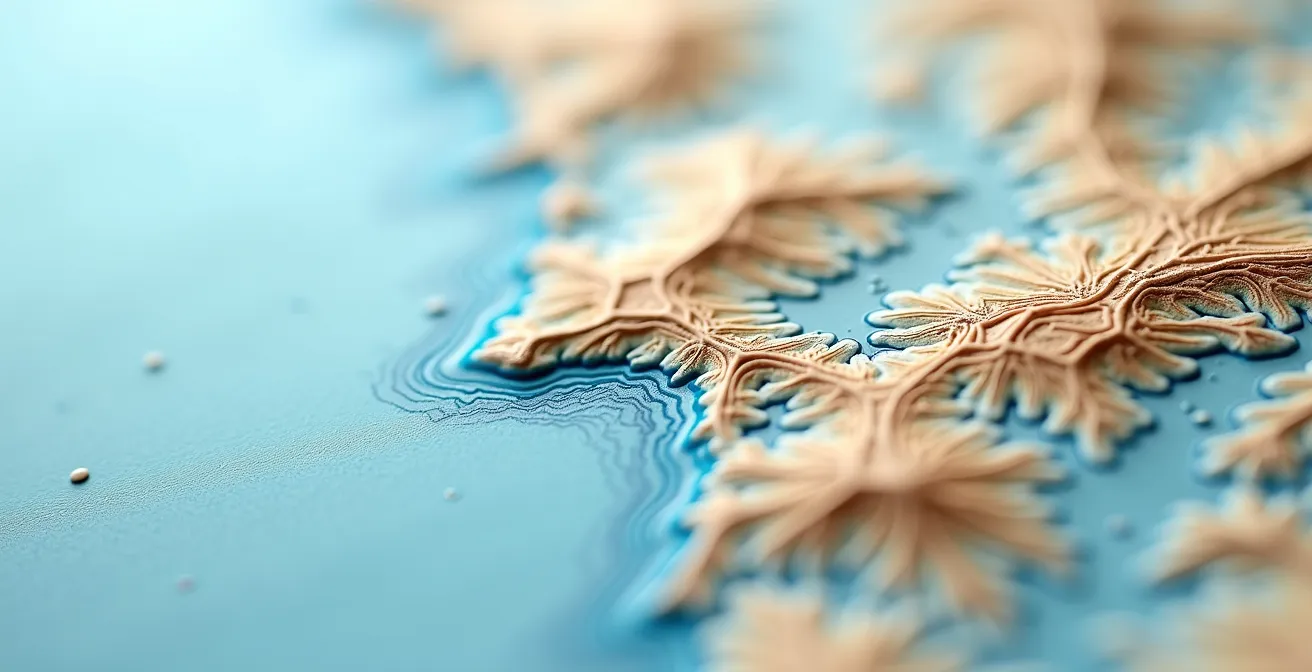 Détail macro d'une carte topographique en relief montrant les courbes de niveau et textures cartographiques d'une zone côtière