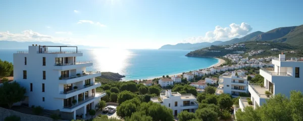Vue panoramique d'une ville côtière méditerranéenne avec des logements modernes, la mer en arrière-plan et une ambiance ensoleillée