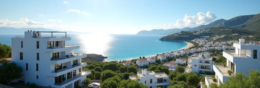 Vue panoramique d'une ville côtière méditerranéenne avec des logements modernes, la mer en arrière-plan et une ambiance ensoleillée