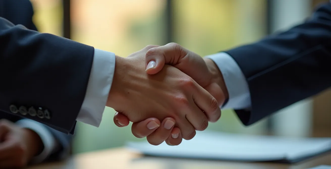 Poignée de main professionnelle symbolisant un accord immobilier avec arrière-plan flou de documents