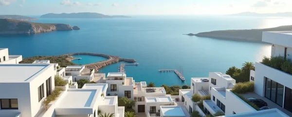 Vue panoramique de quartiers résidentiels au bord de la mer Méditerranée avec marina et immeubles modernes