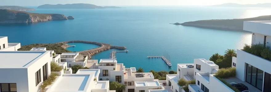 Vue panoramique de quartiers résidentiels au bord de la mer Méditerranée avec marina et immeubles modernes