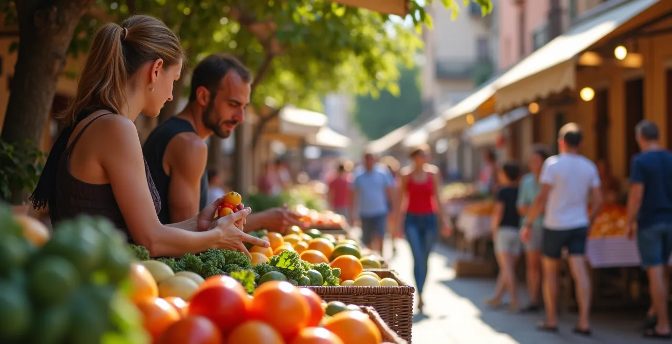 Scène de vie locale à Roses avec interaction entre résidents français et locaux au marché en plein air