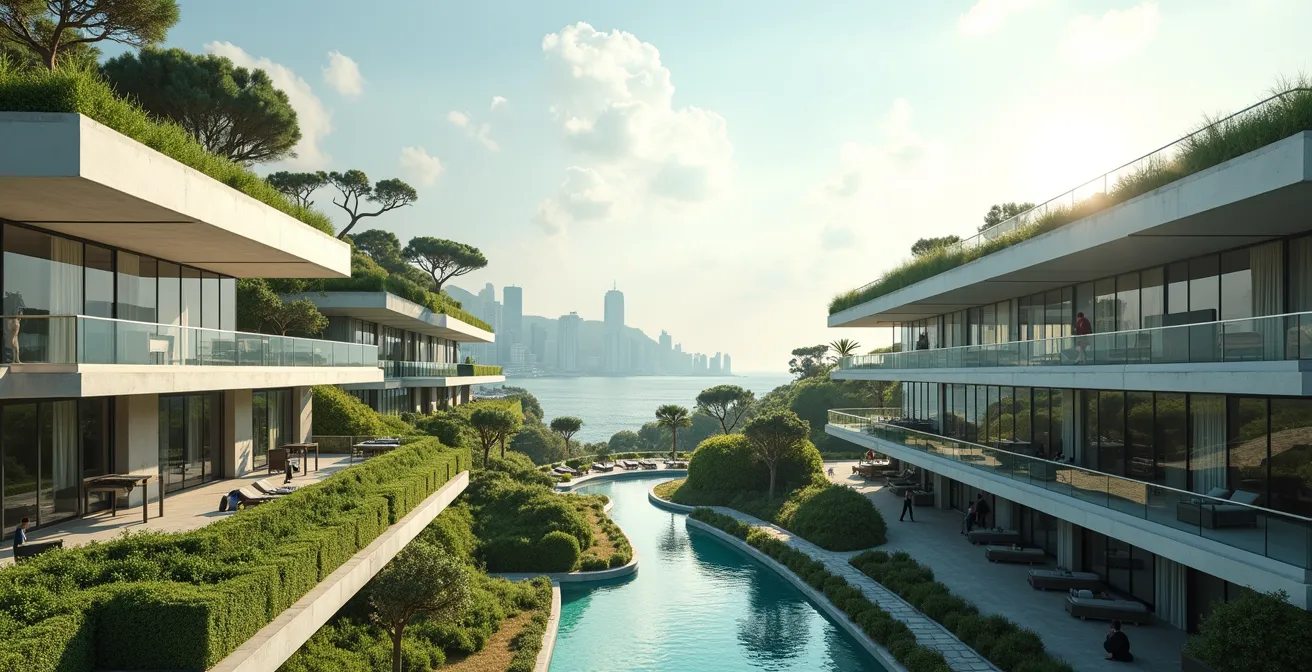 Vue architecturale épurée et minimaliste du One Monte Carlo intégrant bâtiments résidentiels, espaces verts et accès piétons