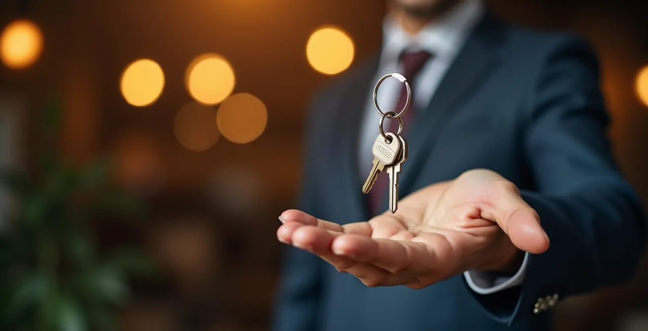 Main masculine tenant une clé élégante, symbolisant la location privée et exclusive sans propriété