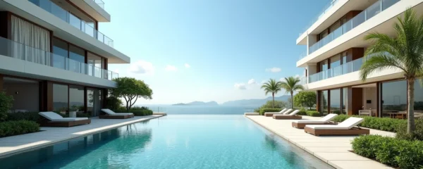 Vue panoramique réaliste et photo-réaliste en lumière douce cinématographique du quartier One Monte Carlo à Monaco montrant les bâtiments résidentiels modernes élégants avec façades vitrées, terrasses-jardins luxuriantes, pool privées, dans une composition avec un ciel clair bleu méditerranéen en arrière-plan, en symétrie contrôlée et règle des tiers. L'image capture l'essence du luxe immobilier, avec textures fines et bokeh naturel en arrière-plan flou.