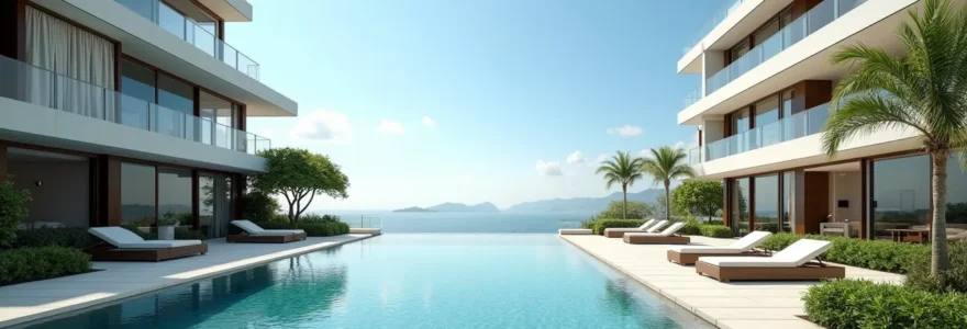 Vue panoramique réaliste et photo-réaliste en lumière douce cinématographique du quartier One Monte Carlo à Monaco montrant les bâtiments résidentiels modernes élégants avec façades vitrées, terrasses-jardins luxuriantes, pool privées, dans une composition avec un ciel clair bleu méditerranéen en arrière-plan, en symétrie contrôlée et règle des tiers. L'image capture l'essence du luxe immobilier, avec textures fines et bokeh naturel en arrière-plan flou.