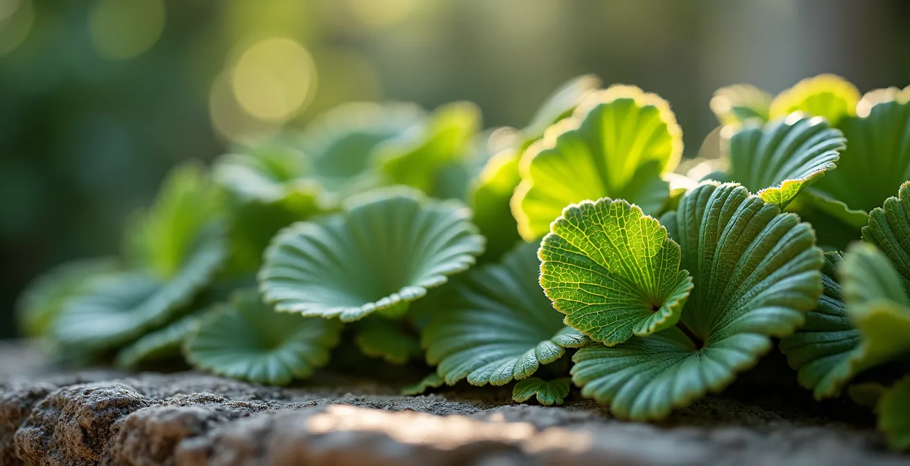 Gros plan macro sur une terrasse-jardin luxuriante avec détails fins de feuillages méditerranéens et textures de pierre naturelle