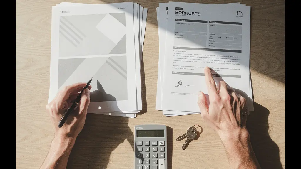 Vue aérienne d'un couple examinant des documents immobiliers sur une table en bois avec calculatrice et clés