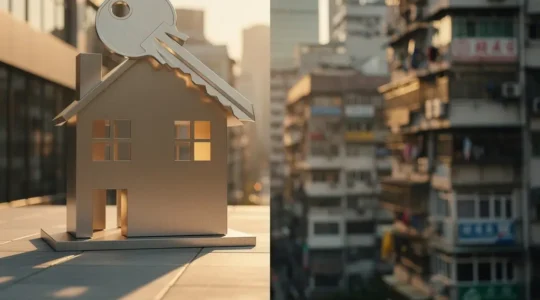 Balance architecturale entre maison moderne et immeuble urbain représentant le choix entre achat et location