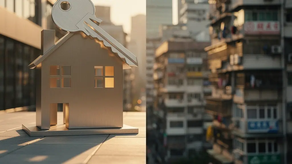 Balance architecturale entre maison moderne et immeuble urbain représentant le choix entre achat et location