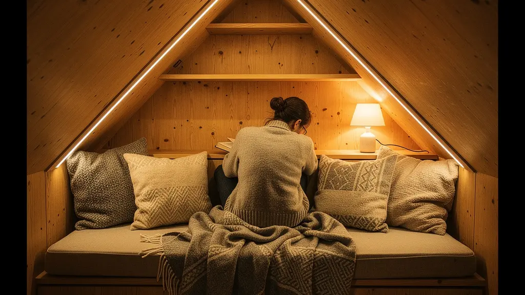 Coin lecture cosy aménagé sous pente avec rangements sur mesure et éclairage chaleureux