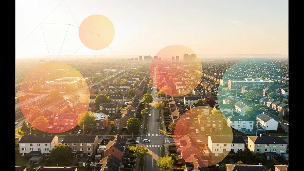 Vue aérienne d'un quartier avec données de marché en superposition abstraite