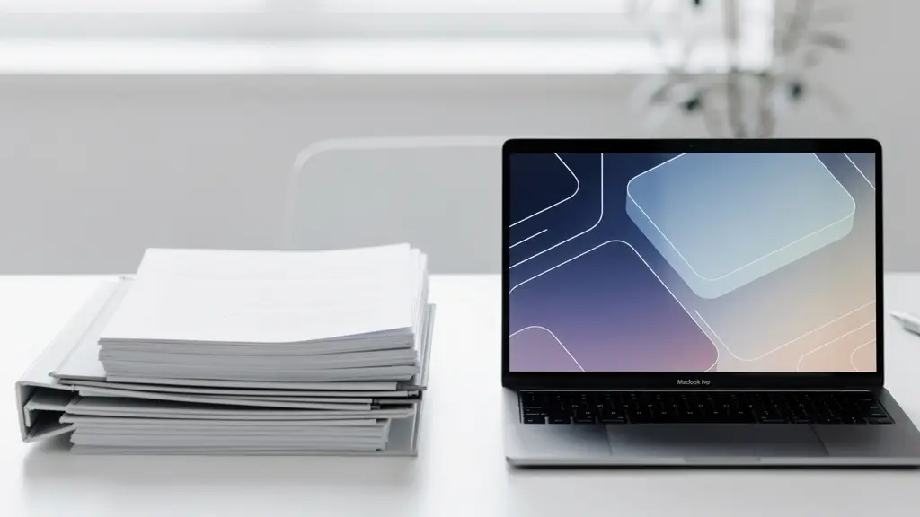 Comparaison visuelle entre documents papier et écran d'ordinateur montrant des fichiers numériques