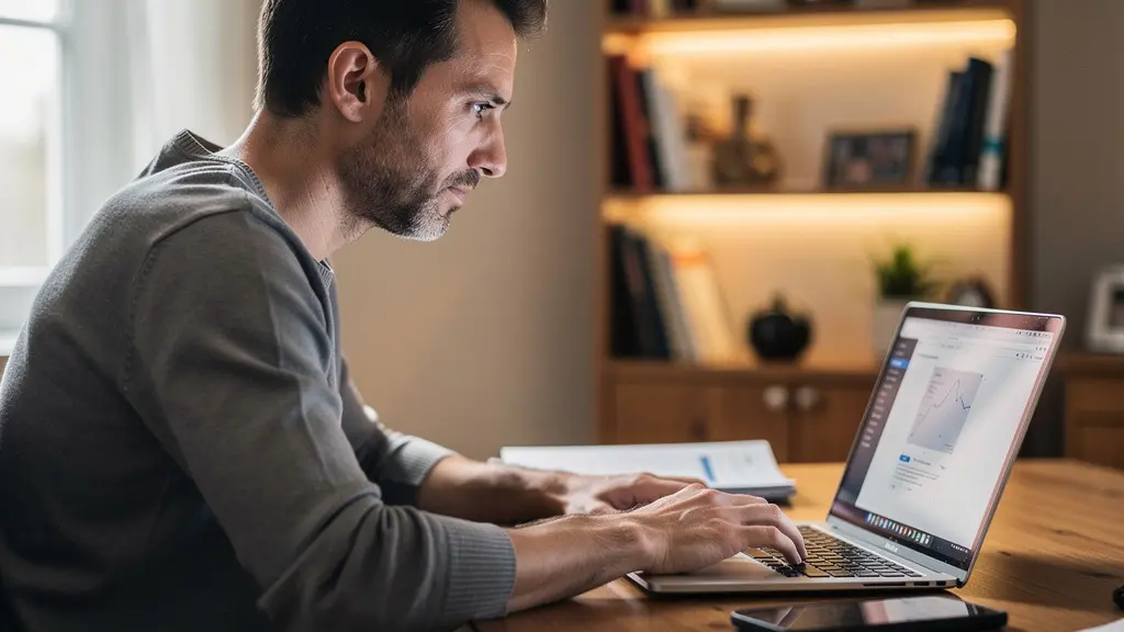 Personne consultant un écran avec expression concentrée, vérification de données, bureau à domicile