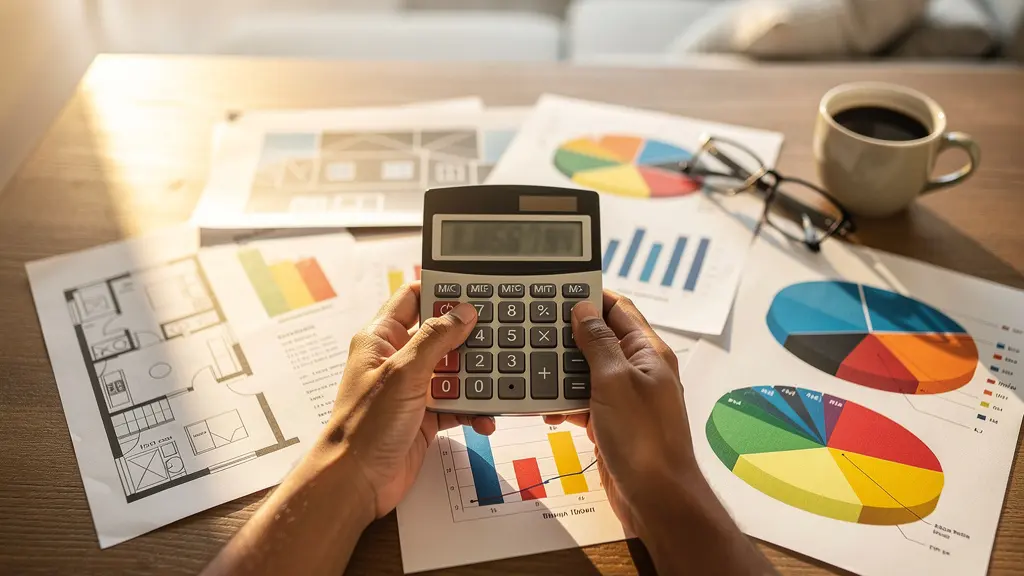 Personne analysant un rapport énergétique avec calculatrice et graphiques colorés sur une table de travail