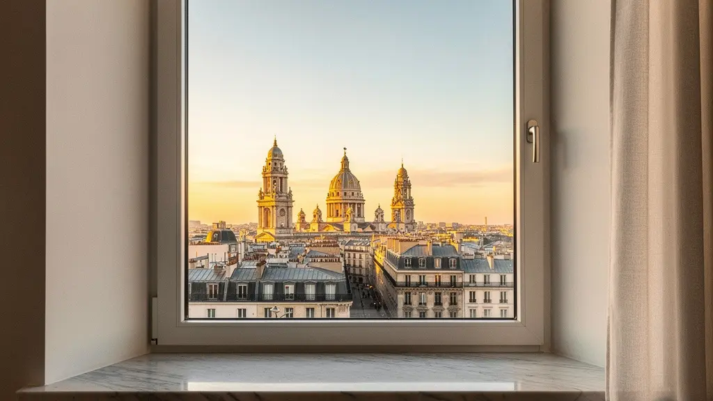 Vue depuis un appartement haut de gamme sur un monument parisien au coucher du soleil