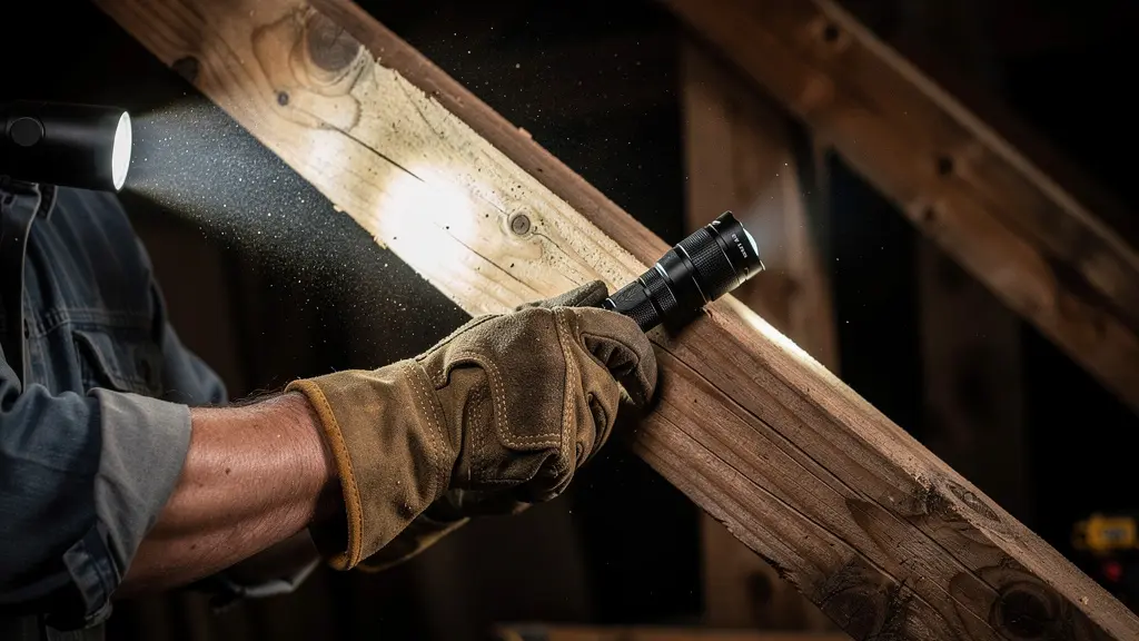 Artisan examinant les poutres d'un plafond ancien avec une lampe torche