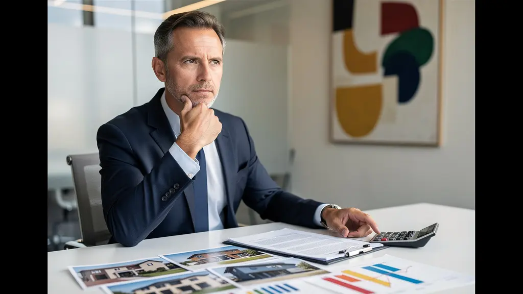 Banquier analysant des documents d'évaluation immobilière avec graphiques de risque
