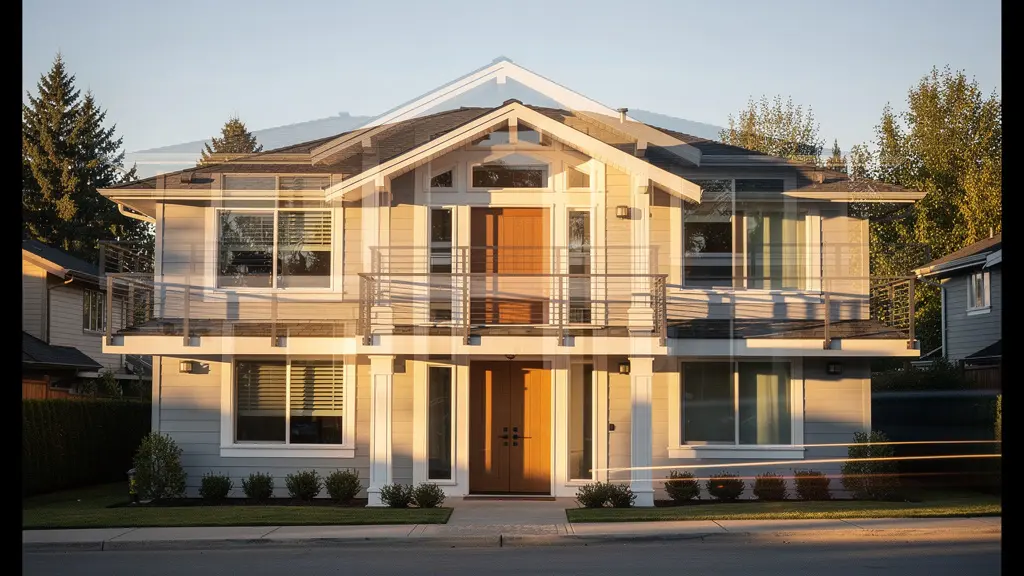 Façade de maison avec effet de double exposition montrant la confusion créée par les annonces multiples