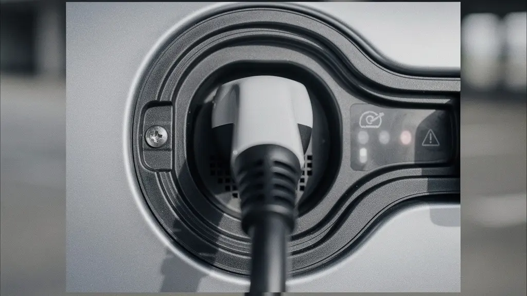 Gros plan macro sur une borne de recharge moderne dans un parking avec détails de texture métallique et câble de charge