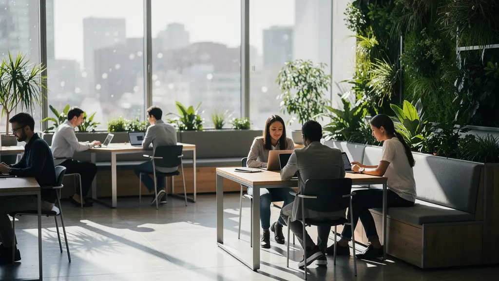 Espace de bureaux moderne avec zones de collaboration flexibles et espaces verts intérieurs, illustrant la transformation des centres d'affaires à l'ère du télétravail hybride