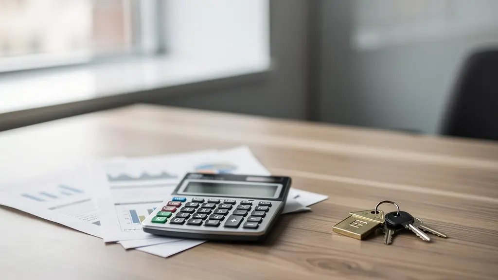 Calculatrice et documents immobiliers sur bureau avec clés de maison