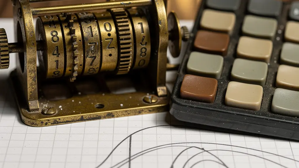 Bureau avec calendrier perpétuel, calculatrice vintage et graphiques de progression temporelle