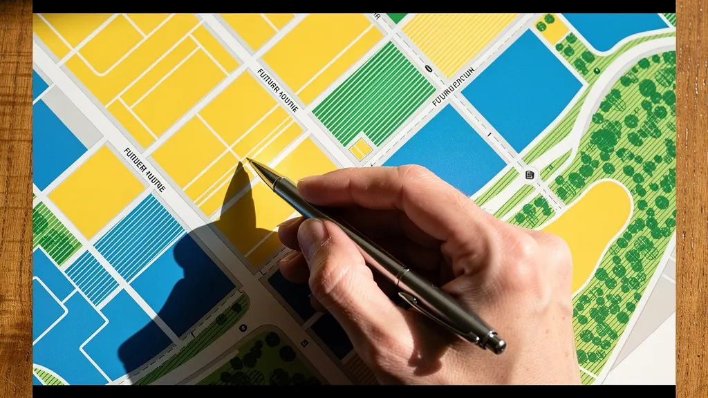 Mains pointant sur une carte d'urbanisme colorée avec zones de développement