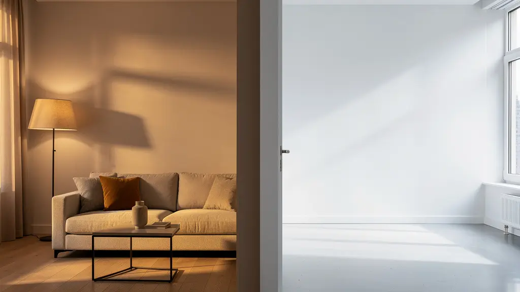 Appartement moderne présenté en split-screen montrant versions meublée et non meublée