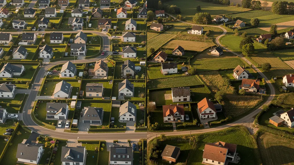 Vue aérienne montrant la différence entre un lotissement organisé et des constructions en diffus