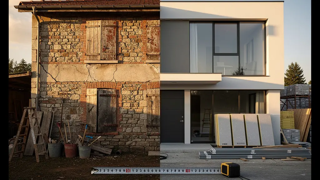 Juxtaposition visuelle d'une maison ancienne rénovée et d'une construction neuve moderne