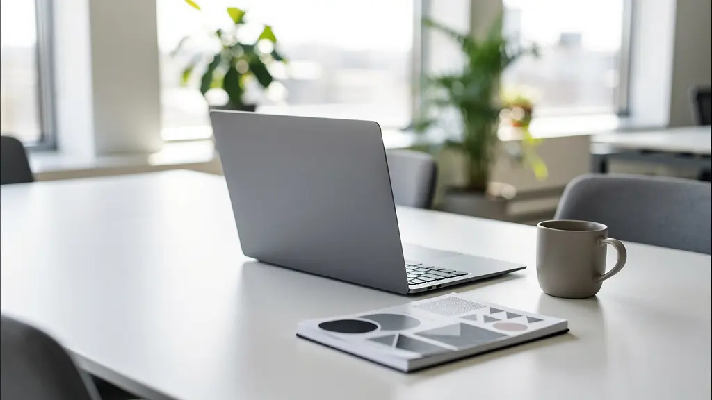 Vue d'ensemble d'un bureau avec ordinateur portable montrant une recherche en ligne