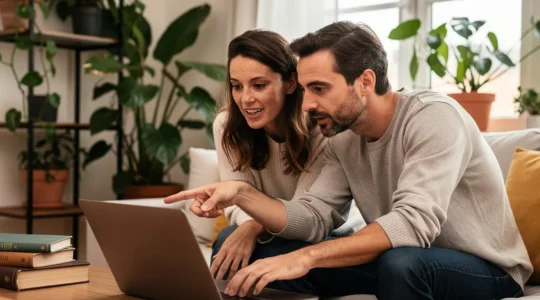 Couple français trentenaire consultant un ordinateur pour leur projet immobilier