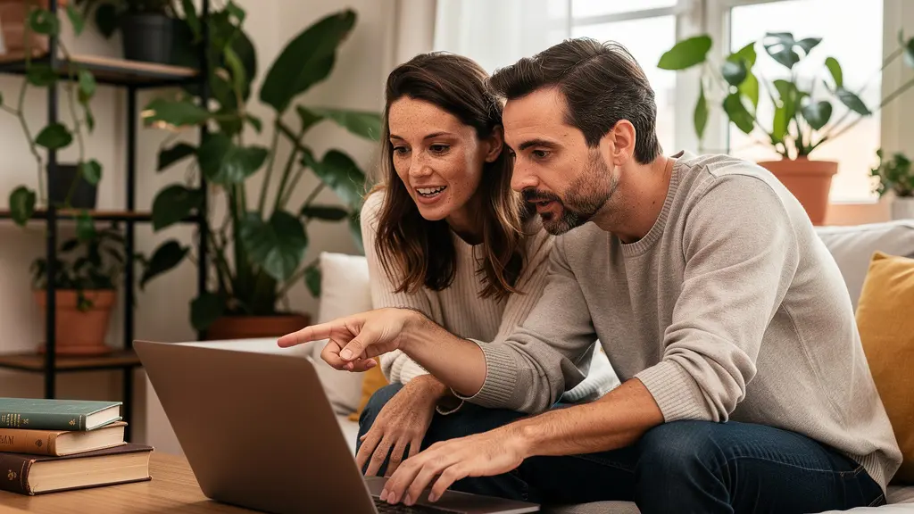 Couple français trentenaire consultant un ordinateur pour leur projet immobilier