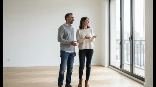 Couple trentenaire visitant un appartement vide lumineux, discussion détendue près de la fenêtre