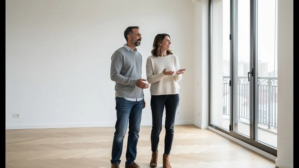 Couple trentenaire visitant un appartement vide lumineux, discussion détendue près de la fenêtre