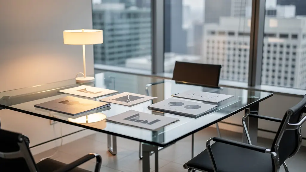 Vue grand angle d'un bureau de courtier spécialisé avec environnement professionnel épuré