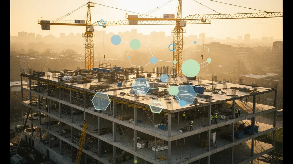 Vue aérienne d'un chantier de construction immobilière avec des éléments numériques symbolisant le financement participatif