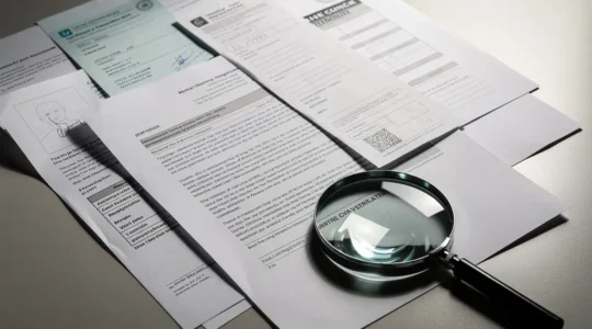 Vue rapprochée de documents de location étalés sur un bureau avec une loupe posée dessus