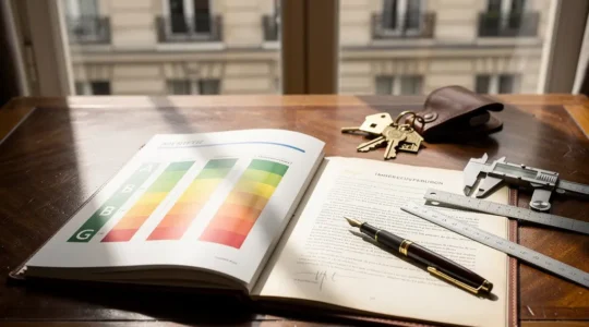 Bureau notarié avec diagnostics immobiliers et clés d'une maison disposés sur une table en bois ancien