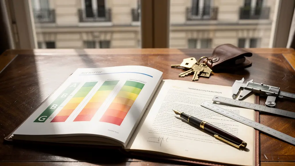 Bureau notarié avec diagnostics immobiliers et clés d'une maison disposés sur une table en bois ancien