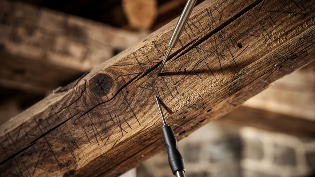 Gros plan macro sur solives anciennes en bois avec traces d'inspection et outils de diagnostic