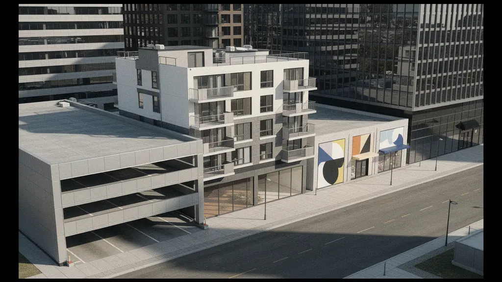 Mosaïque moderne montrant différents types d'investissements immobiliers en perspective aérienne