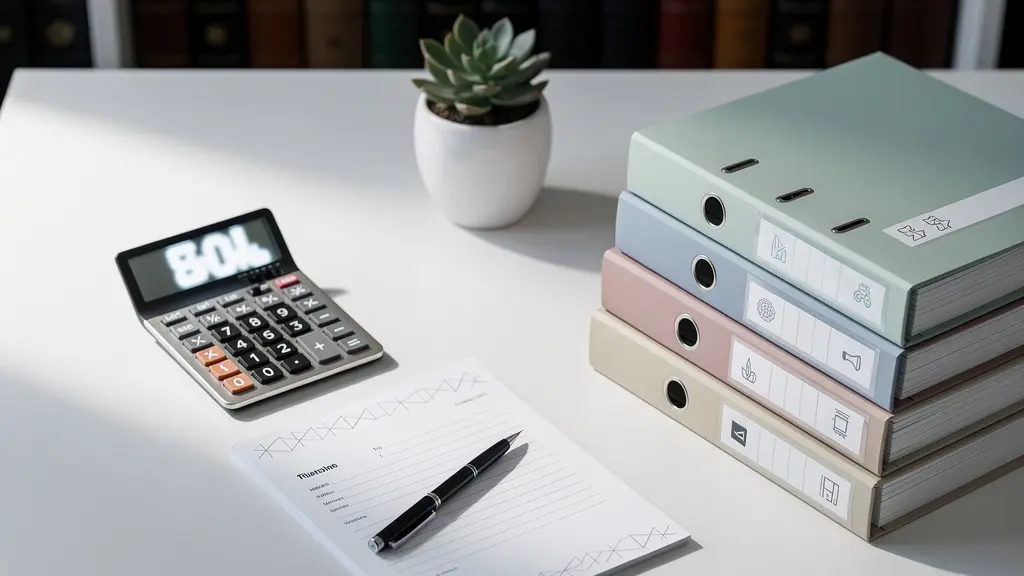 Bureau organisé avec documents fiscaux LMNP et calculatrice professionnelle