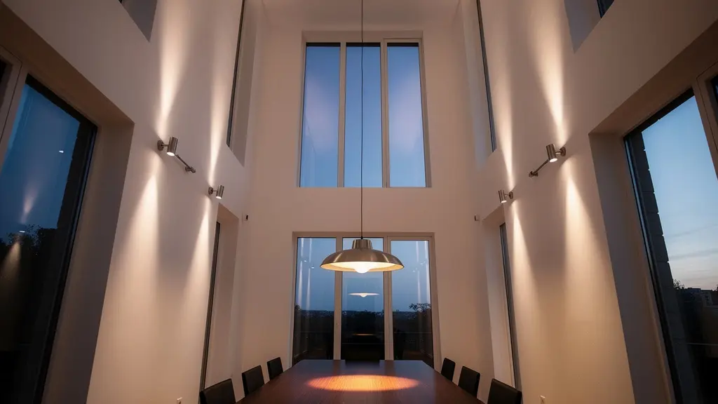 Intérieur minimaliste avec éclairage rasant créant des jeux d'ombres sur murs hauts