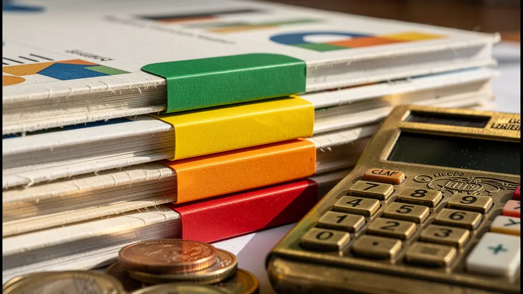 Vue macro de documents diagnostics avec étiquettes colorées et calculatrice montrant des économies