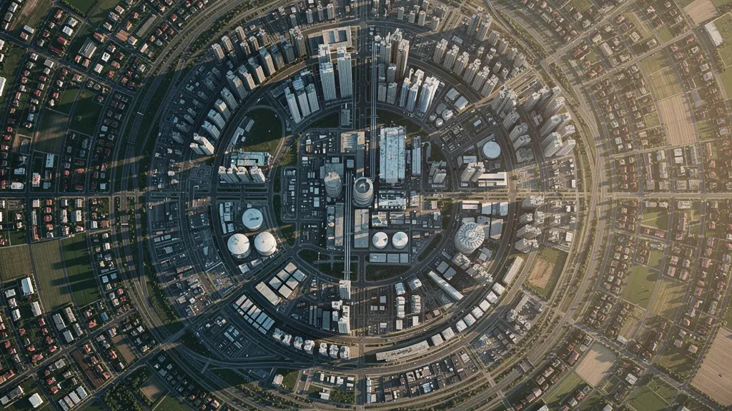 Photographie aérienne montrant les zones d'impact immobilier en cercles concentriques autour d'une usine