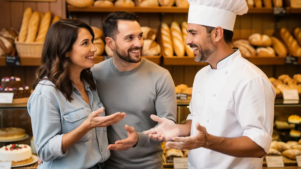 Couple discutant avec un boulanger souriant dans sa boutique traditionnelle