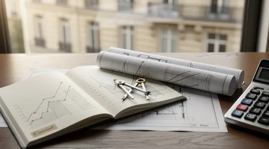 Analyse professionnelle de la valeur immobilière avec documents et architecture en arrière-plan
